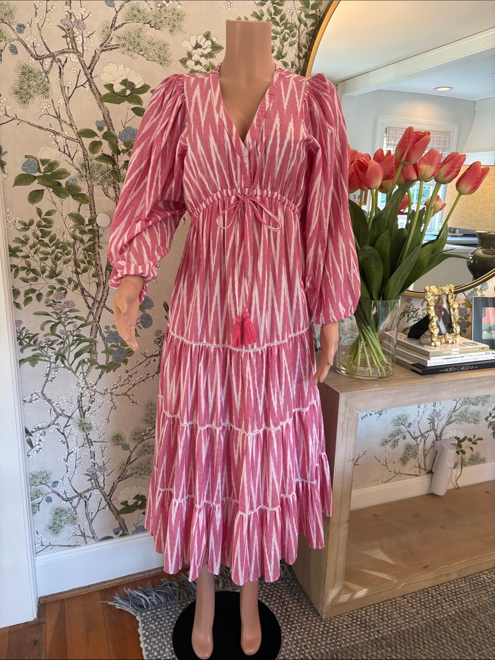 Pink Ikat Tiered Maxi Dress with Tie Waist